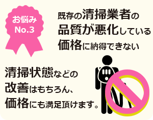 契約中の清掃業者の品質悪化や価格に納得できない問題を改善します。